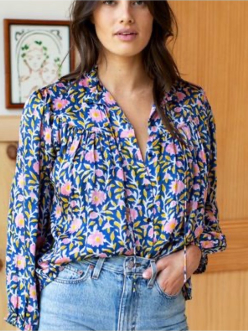 EMERSON FRY India Collection Emmaline Blouse Satin Blue Chrysanthemum Small
